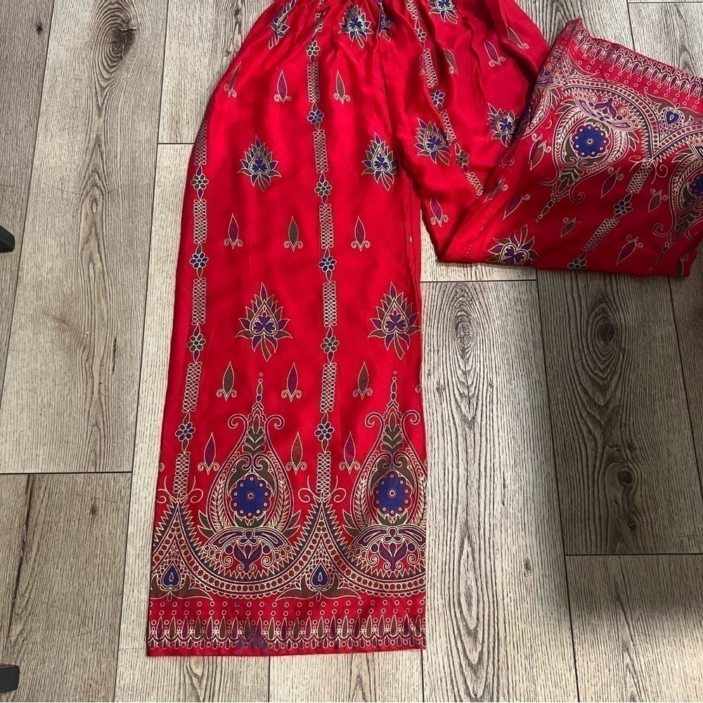Nwt lightweight red lounge pants with Indian theme purple green elastic waist S - Picture 3 of 14